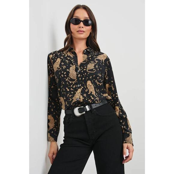 Rails Kate Button Down long Sleeve Silk Blouse in Noir Black Leopard XS NEW - Picture 1 of 6